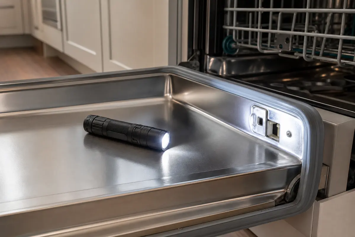 Compact LED inspection flashlight illuminating a dishwasher latch and strike area