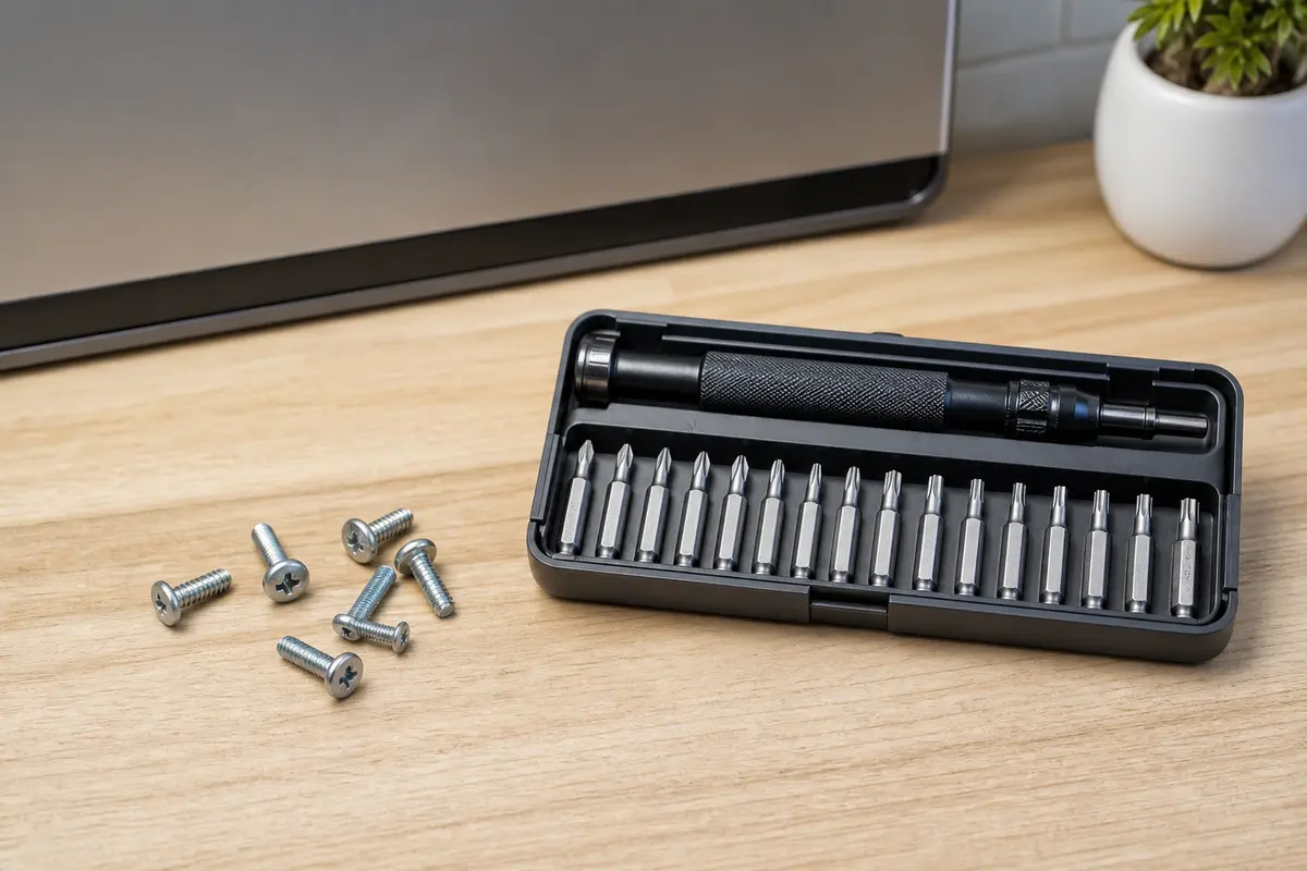 Manual screwdriver set with Phillips and Torx drivers beside dishwasher mounting hardware