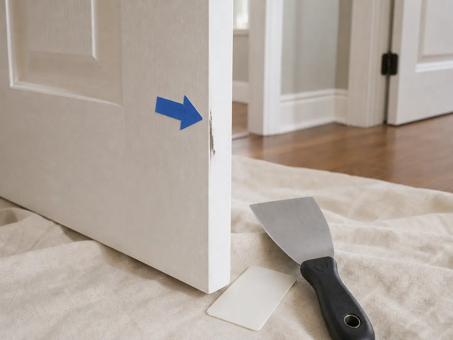 Putty knife and thin trim tool for tracing a door rub point