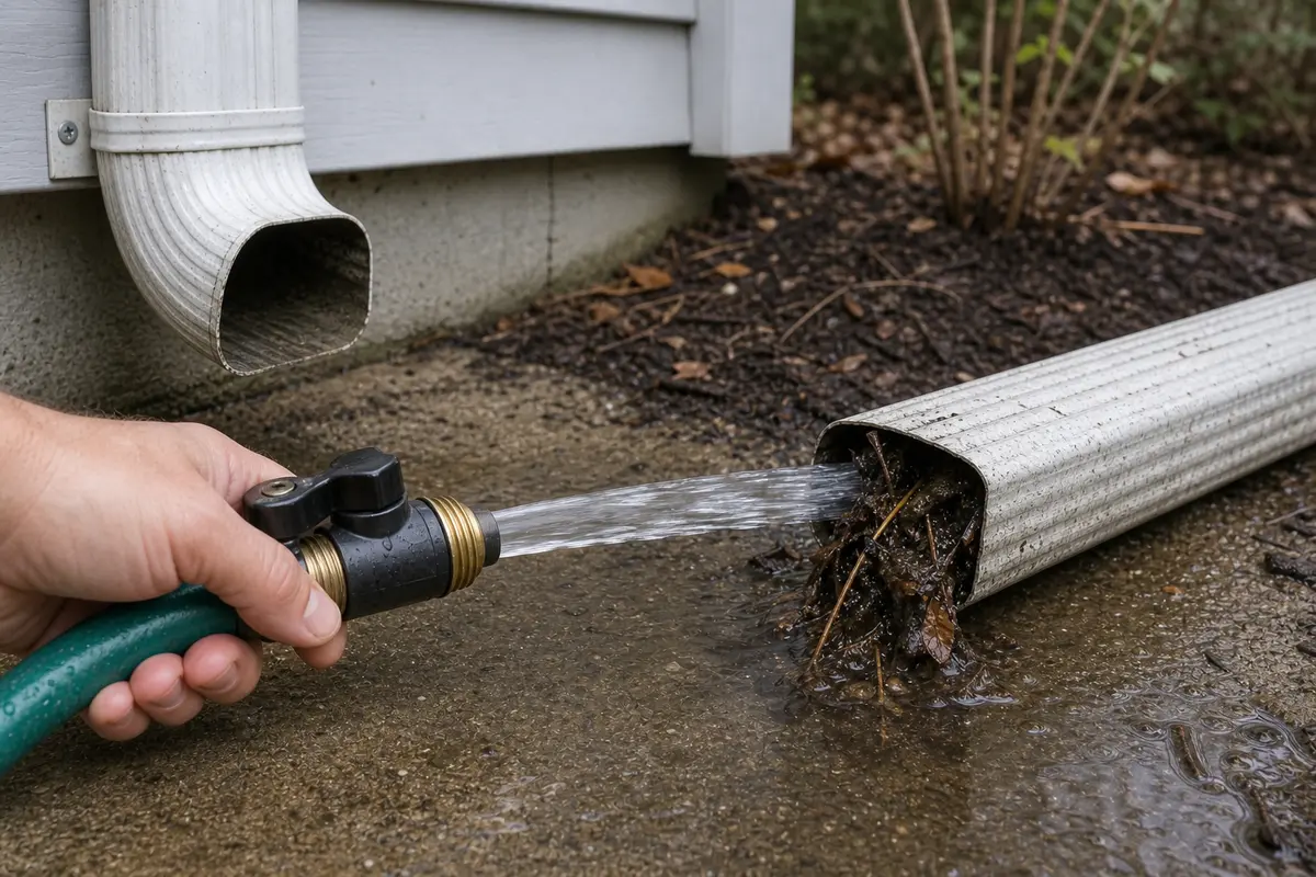 Garden hose with shutoff nozzle flushing a downspout extension