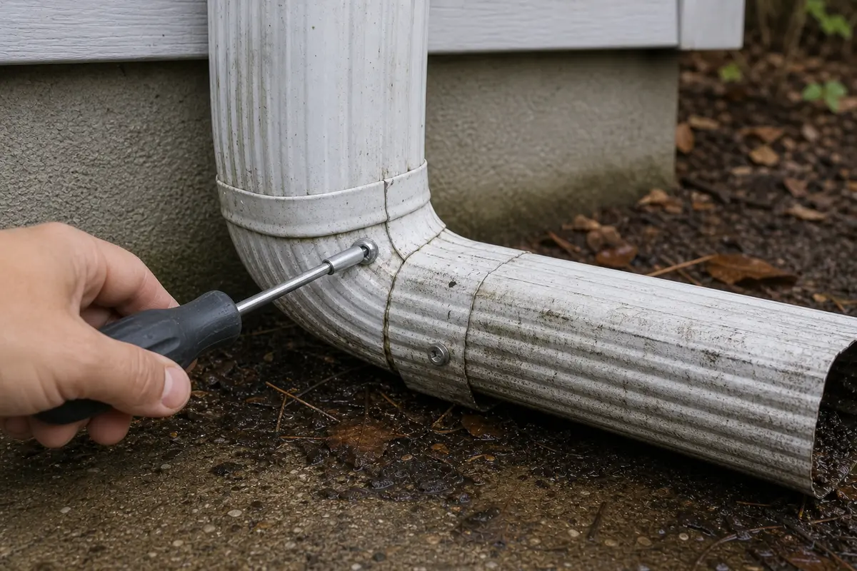Nut driver loosening a screw on a downspout connector
