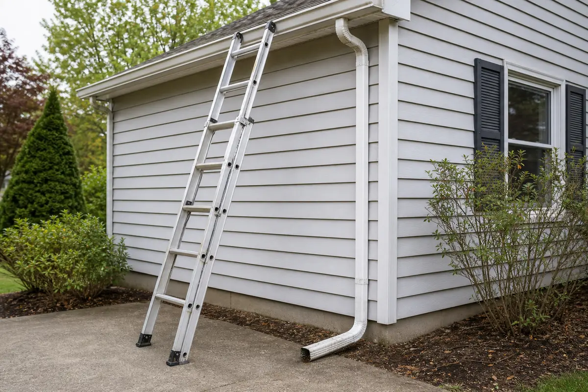 Stable extension ladder for checking a downspout top outlet