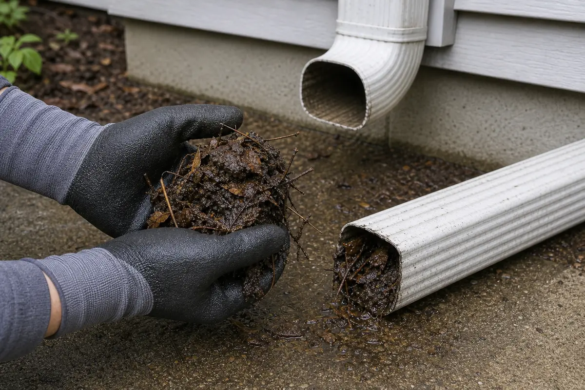 Waterproof work gloves holding debris from a clogged downspout extension