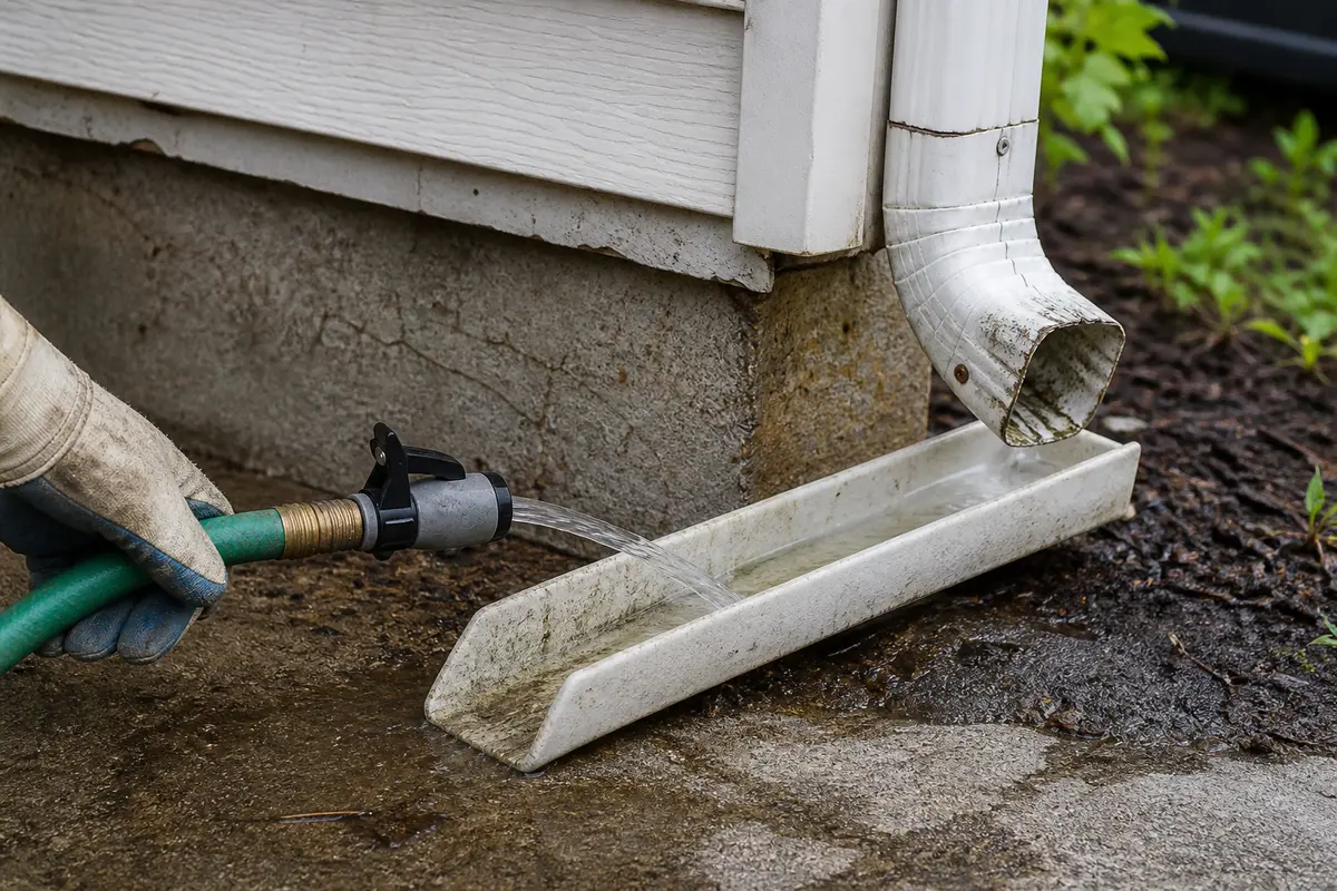 Garden hose with shutoff nozzle for controlled downspout water testing