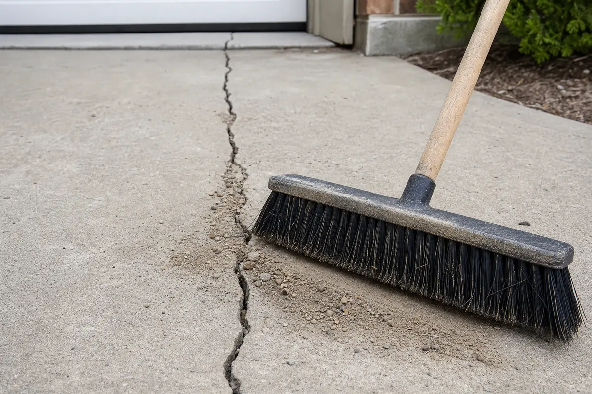 Stiff push broom for cleaning a cracked driveway before repair