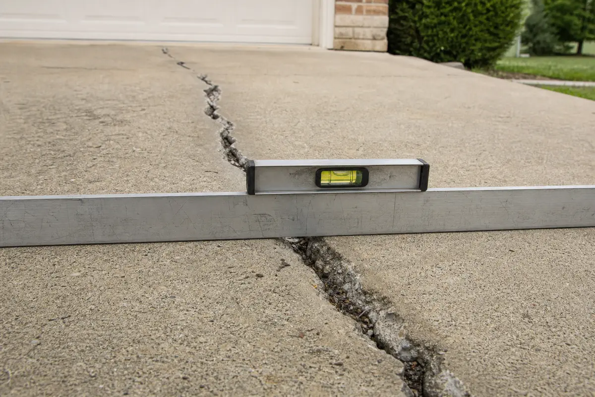 Straightedge and level for checking driveway crack offset