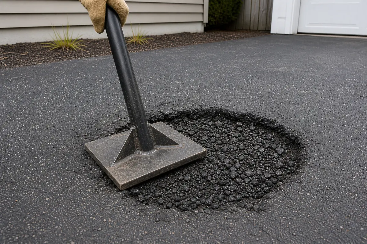 Hand tamper for compacting driveway pothole patch material