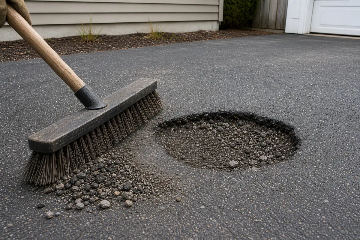 Stiff push broom for cleaning driveway pothole debris