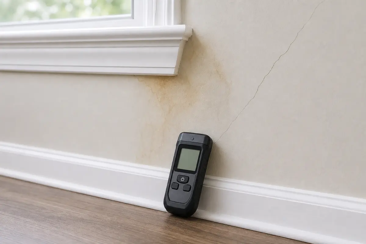 Pinless moisture meter for checking drywall around a crack before repair