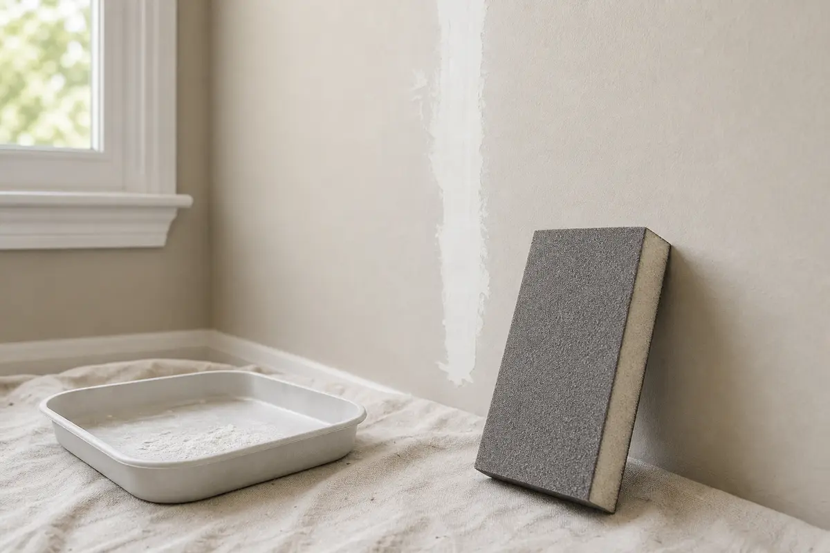 Fine sanding sponge for smoothing a repaired drywall crack after compound dries