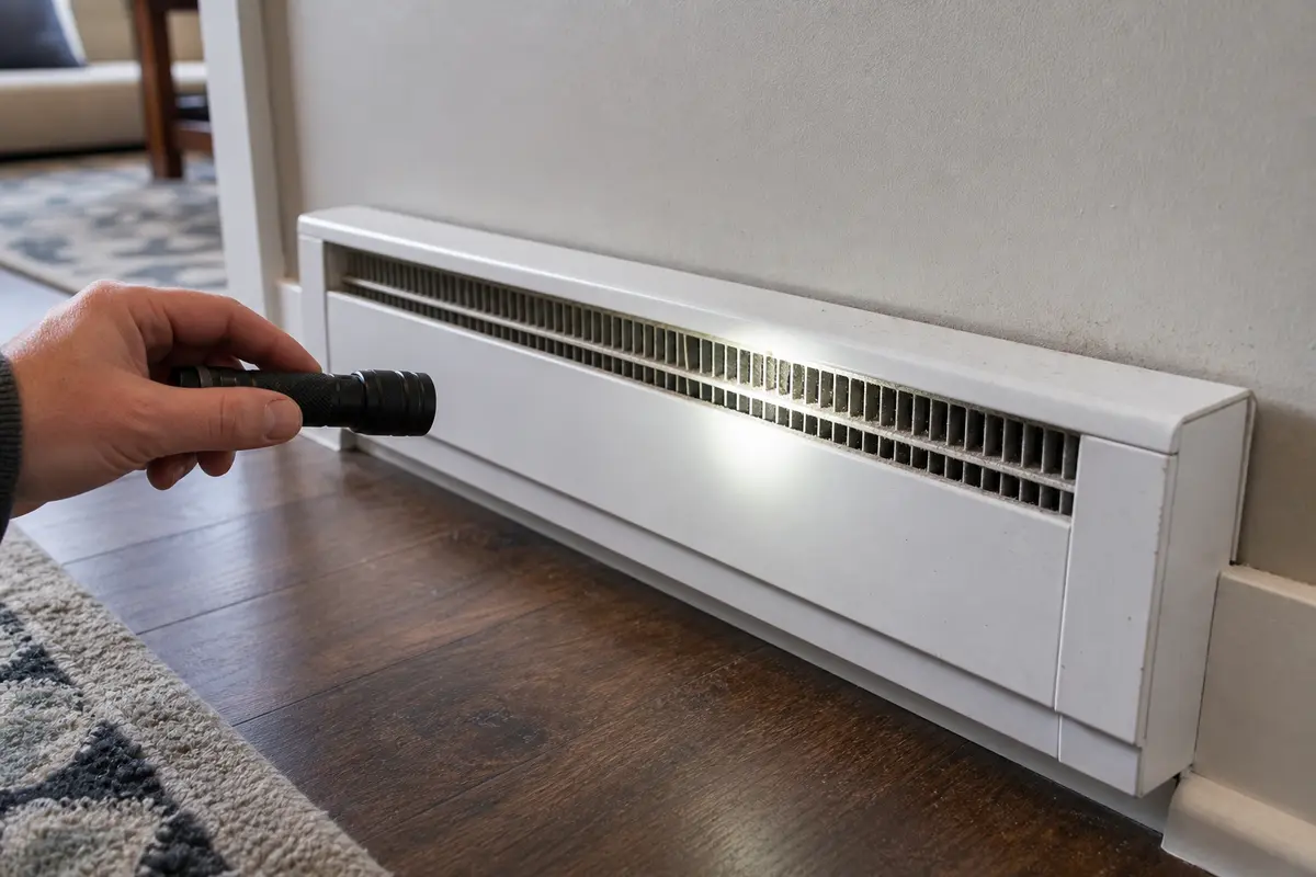 Inspection flashlight for heater checks shown in the repair area for electric heater clicking noise