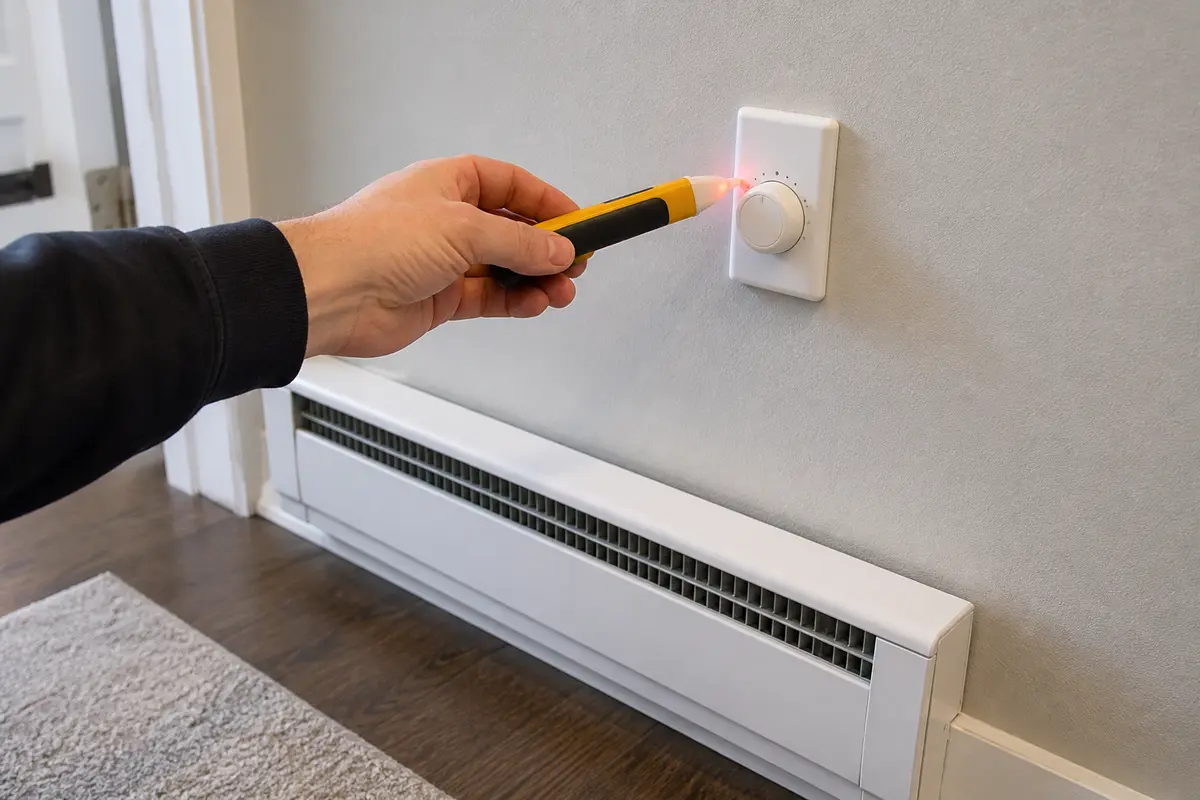 Non-contact voltage tester shown in the repair area for electric heater clicking noise