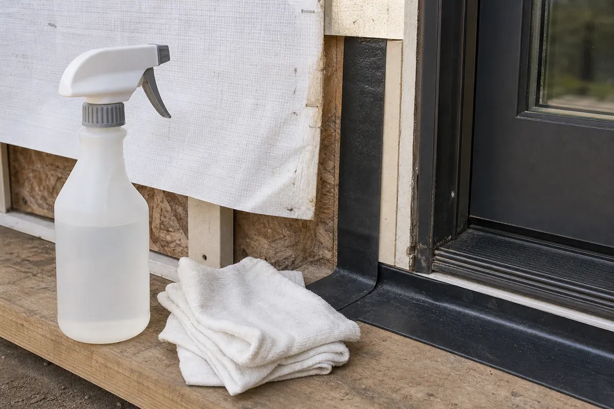Exterior-safe cleaner and rag for preparing a door flashing tape surface