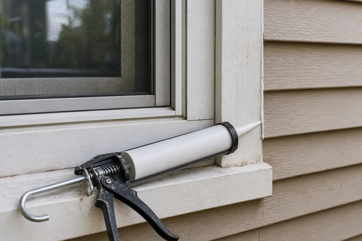 Exterior caulk gun for a confirmed window trim seam