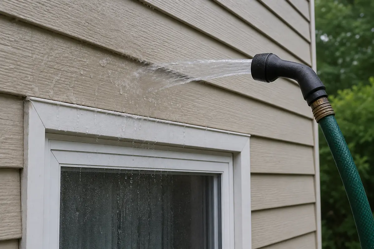 Garden hose for gentle exterior water testing around a window