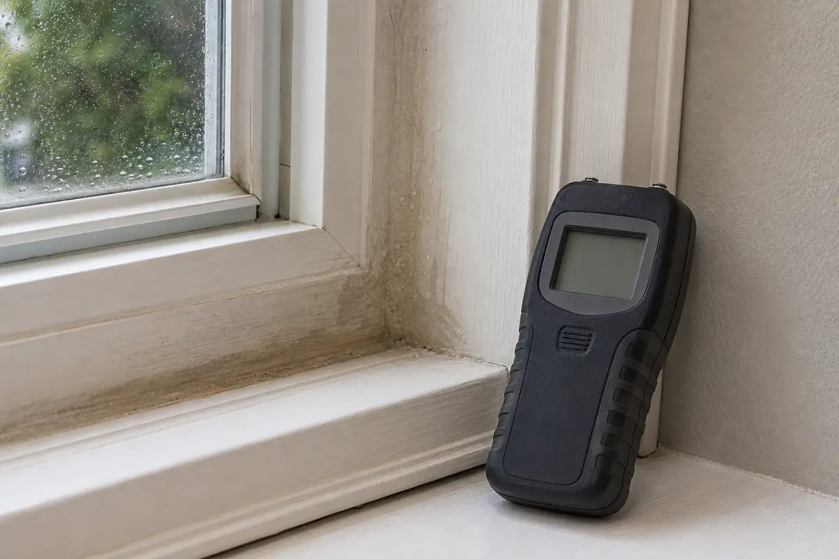 Pinless moisture meter for checking window trim after rain