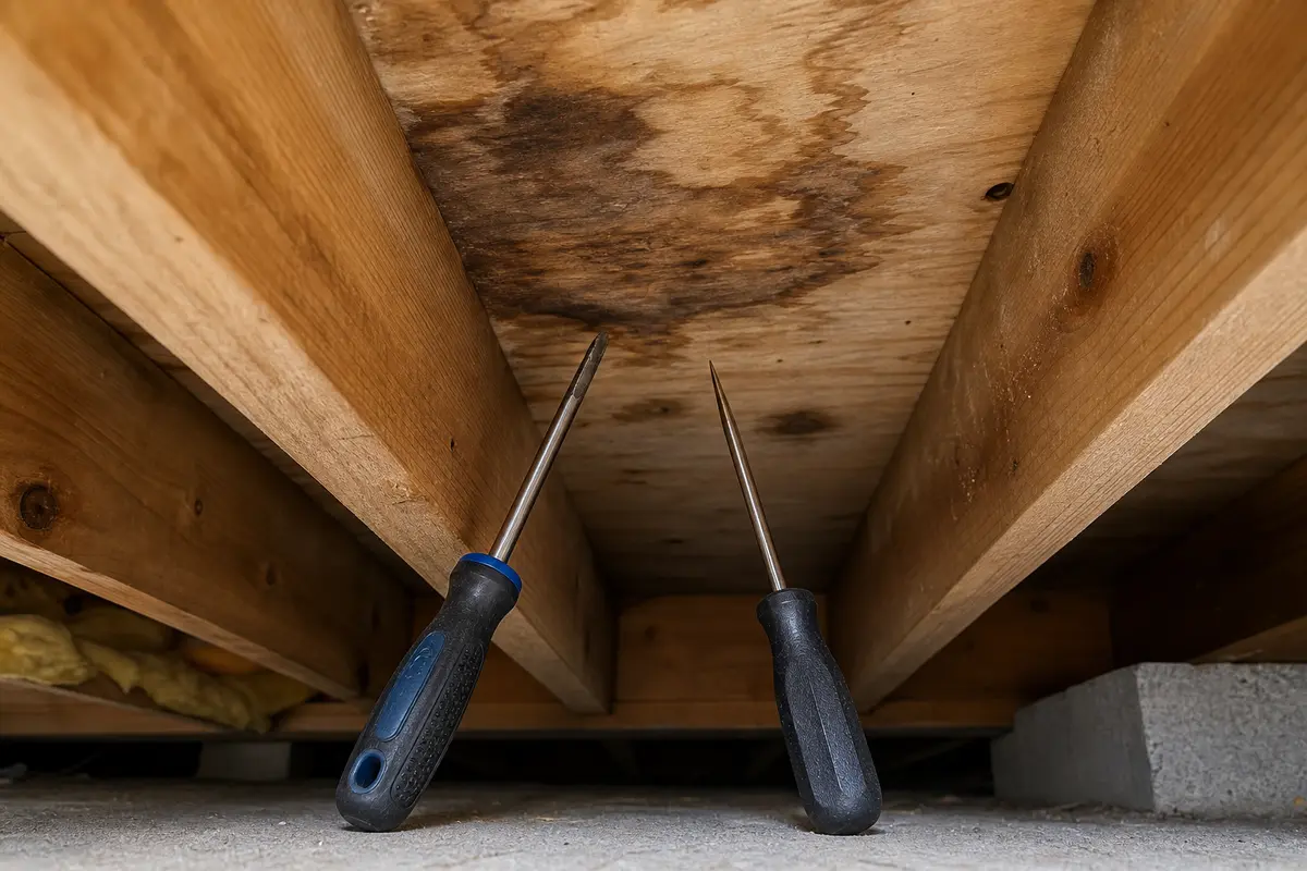 Awl or screwdriver used as a light probe for sagging floor wood damage