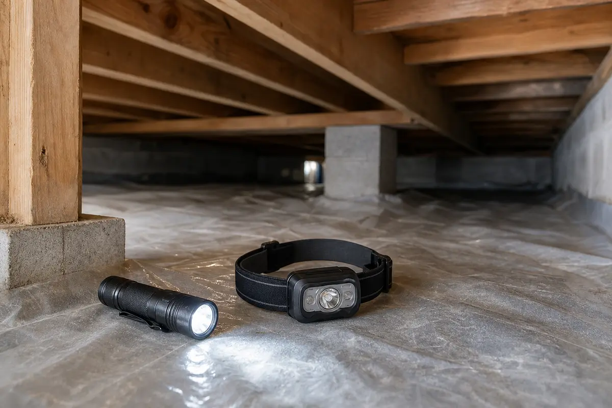 Flashlight or headlamp for inspecting below a sagging floor