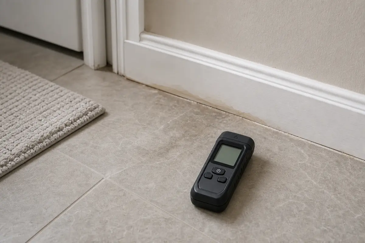 Moisture meter for checking subfloor around a sagging floor
