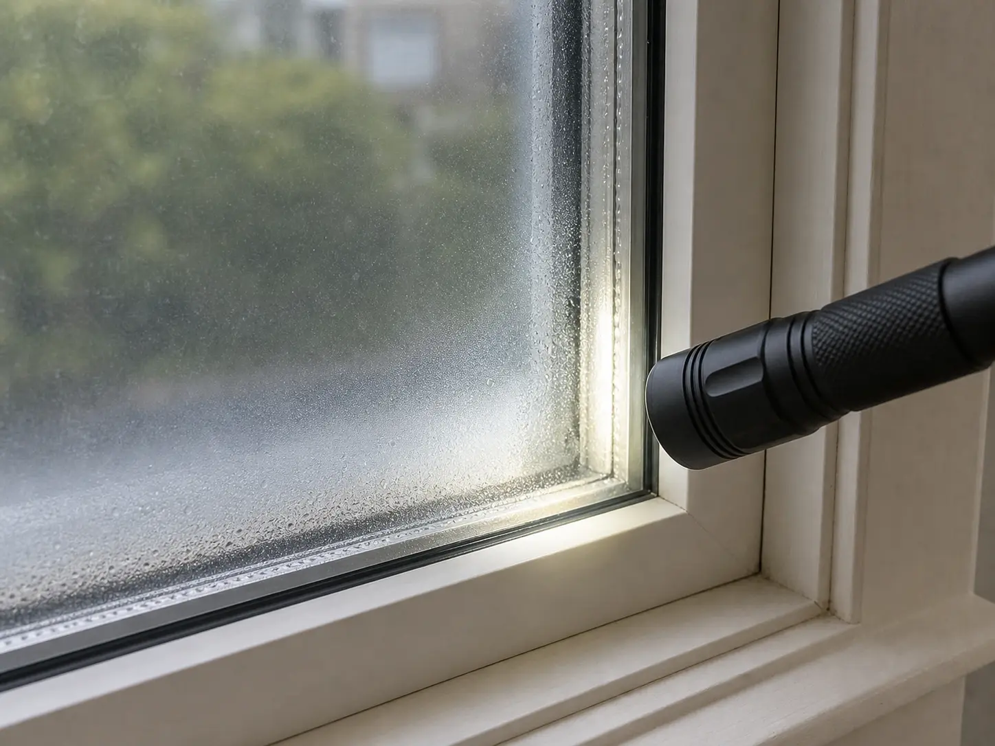 Inspection flashlight for checking foggy double pane window edge and trim clues