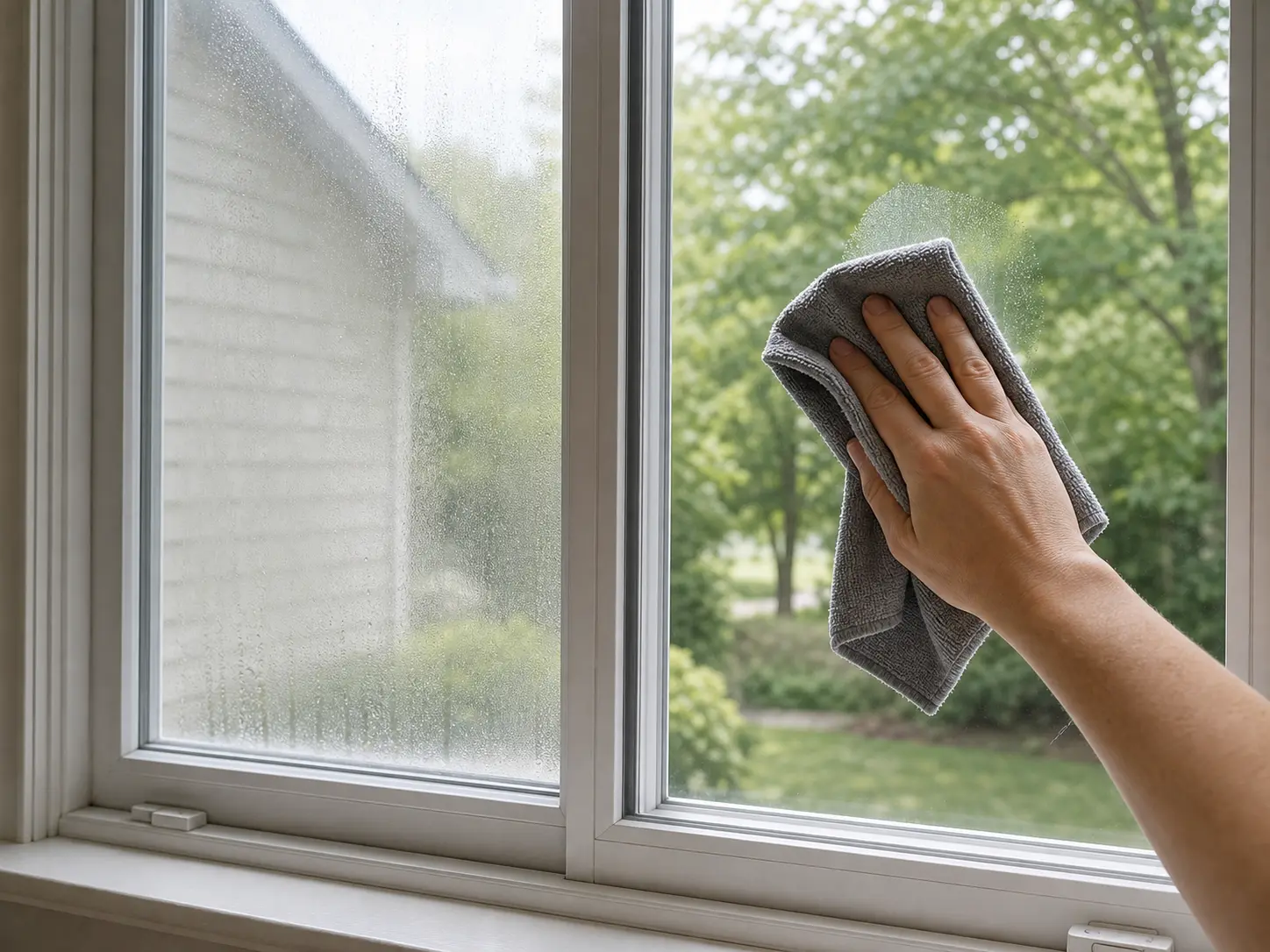 Microfiber cloths for wiping a foggy double pane window during the first check