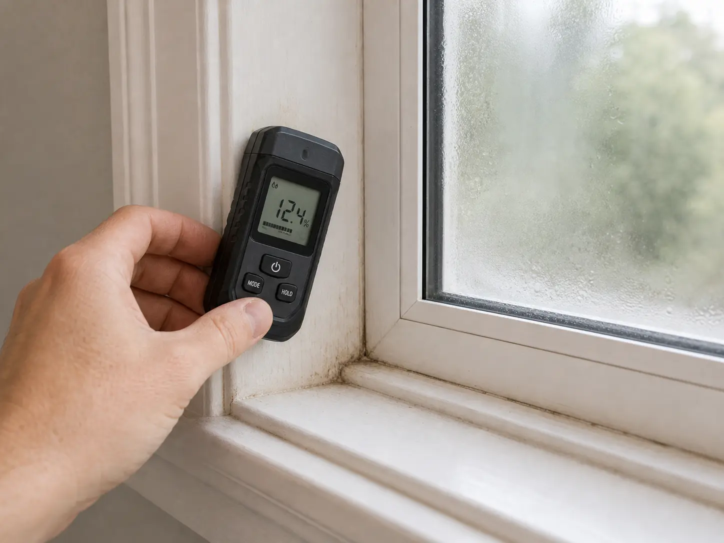 Moisture meter for checking damp trim near a foggy double pane window