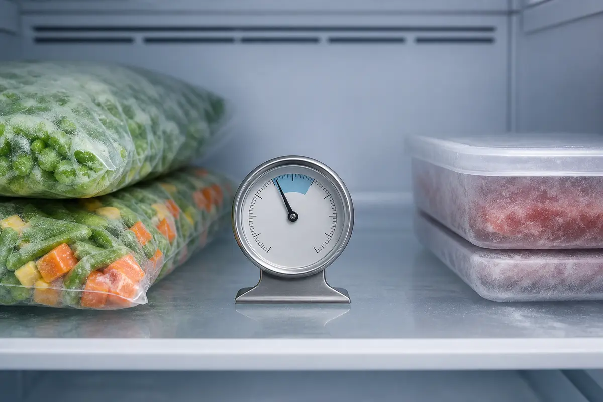 Freezer-safe analog appliance thermometer positioned between frozen food packages