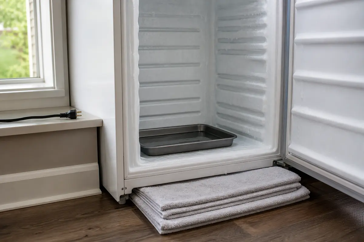 Absorbent towels and shallow pan at an unplugged open freezer during manual defrost