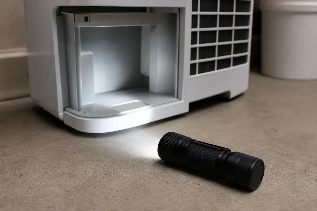 Compact flashlight beside an unplugged portable dehumidifier
