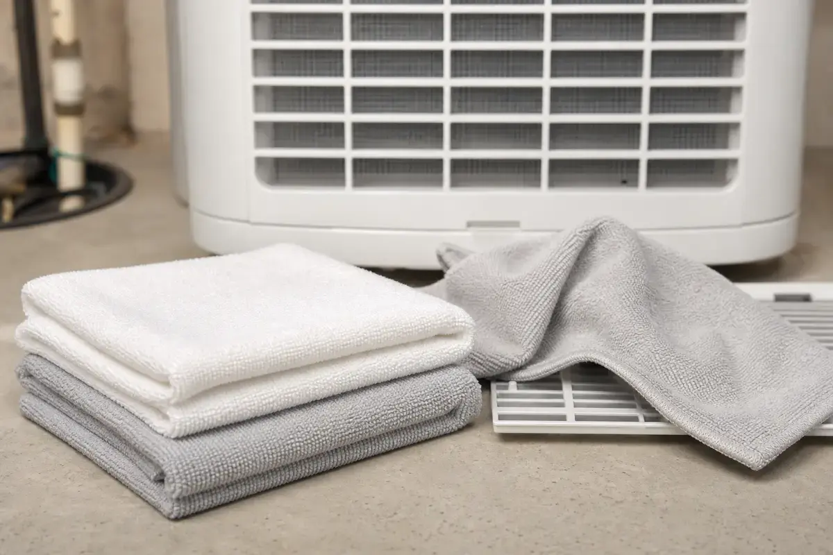 Soft cleaning cloths beside a portable dehumidifier