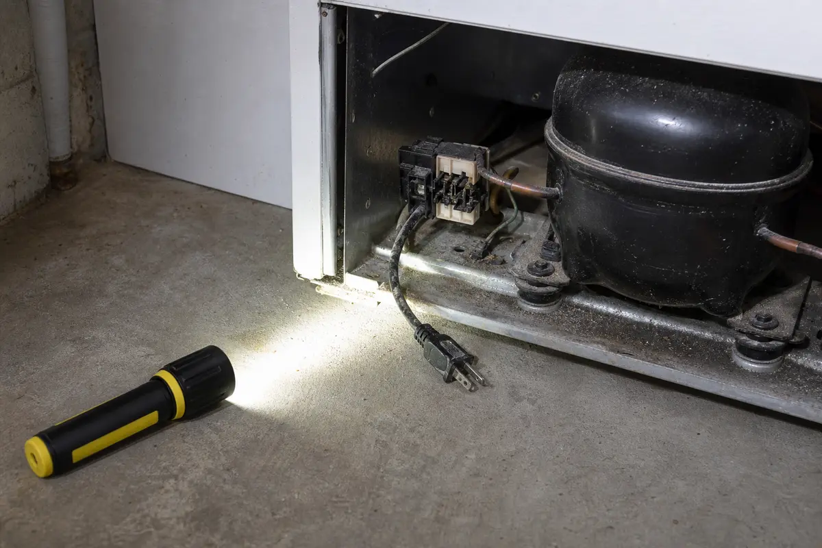 Inspection flashlight aimed at the rear compressor area of a freezer for a no-start check