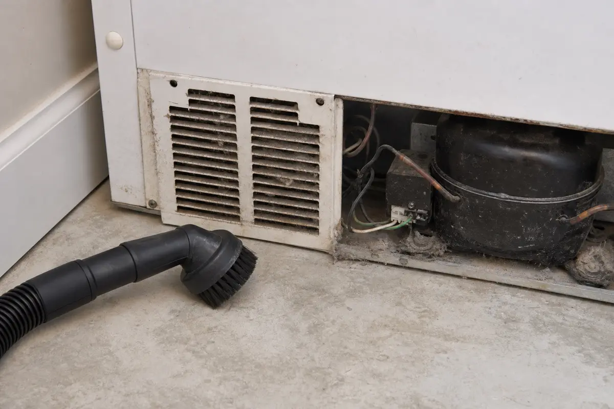 Vacuum brush attachment cleaning dust from a freezer compressor compartment with the appliance unplugged