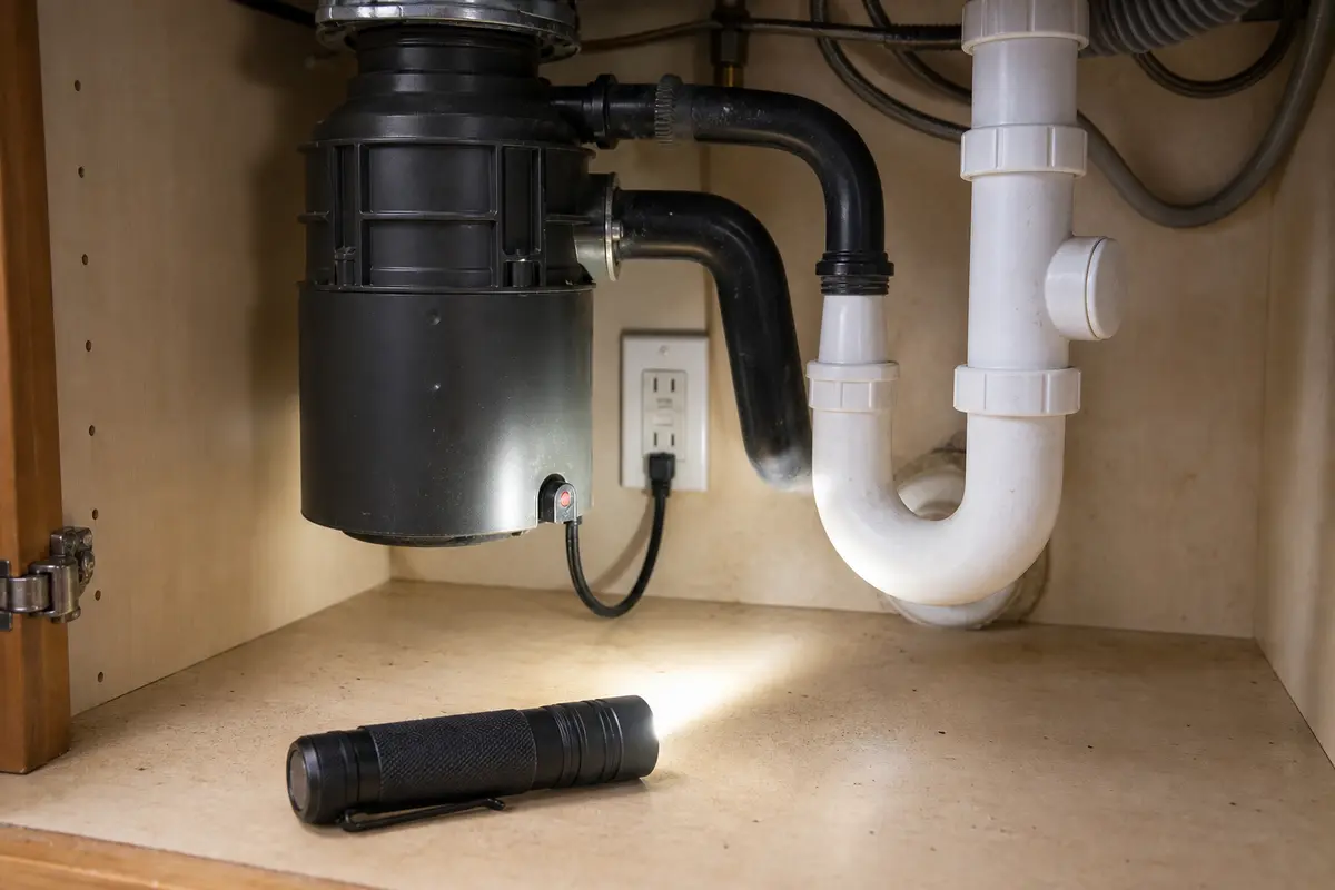 Inspection flashlight for under sink disposal GFCI troubleshooting