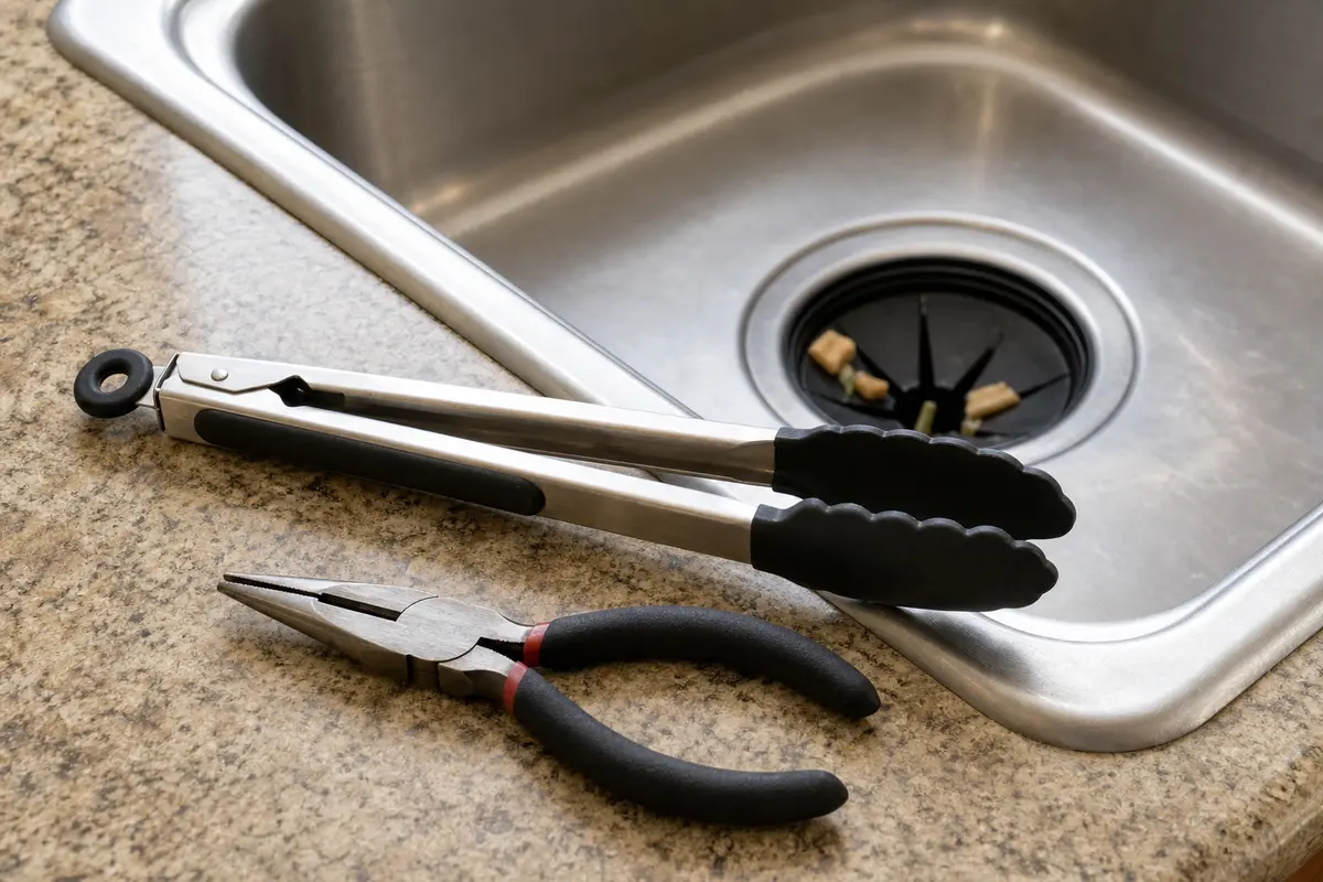 Kitchen tongs and needle nose pliers for disposal debris removal