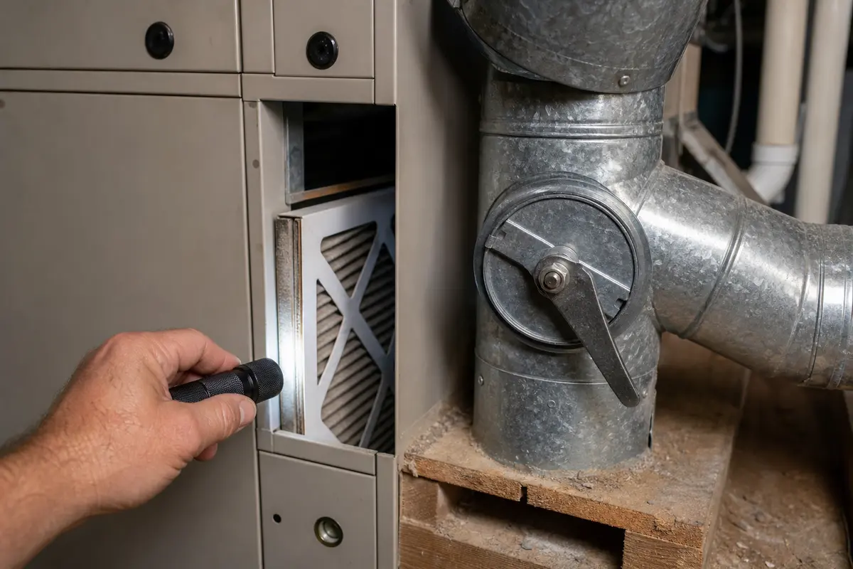 Inspection flashlight used near a furnace filter and closed cabinet