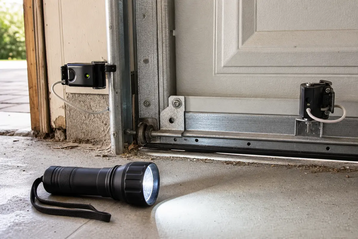Handheld flashlight used to inspect a garage door safety sensor and lower track