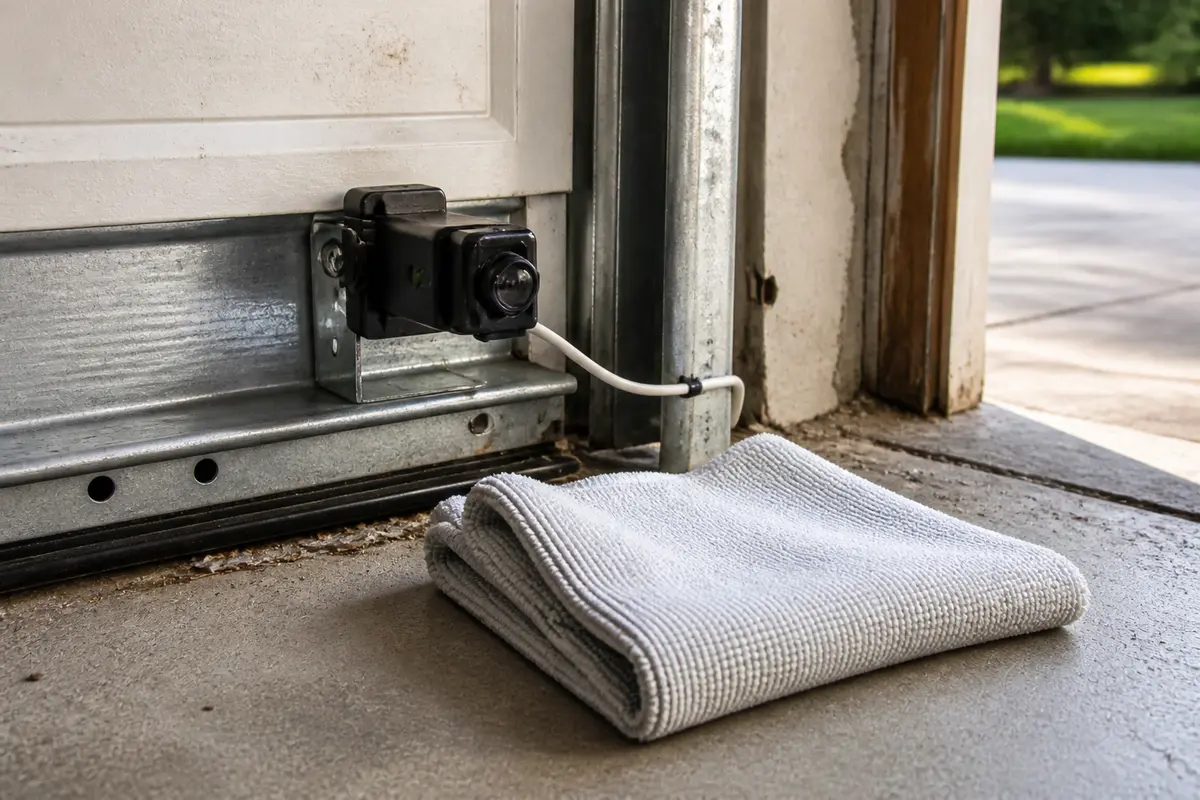 Soft cloth for wiping garage door safety sensor lenses