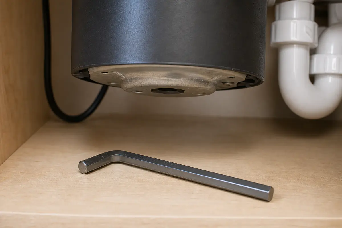 Garbage disposal jam key beside the bottom wrench slot