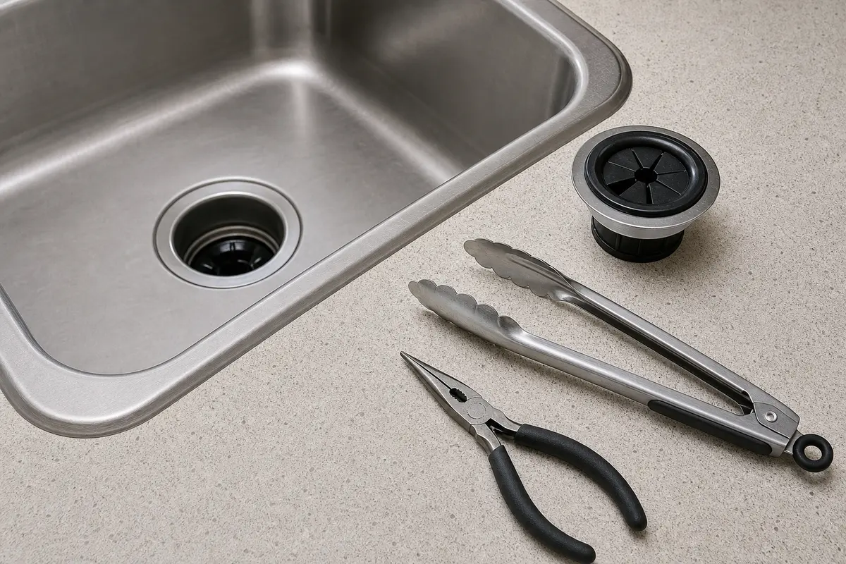 Kitchen tongs and needle-nose pliers staged beside a disposal opening