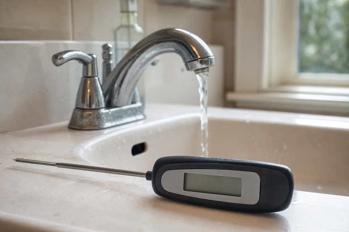 Faucet thermometer beside a bathroom sink faucet
