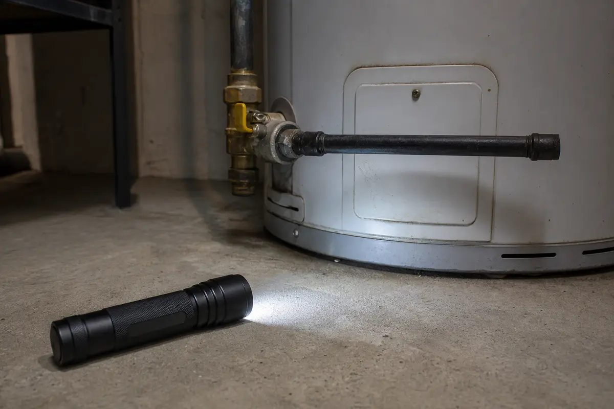 Inspection flashlight on a work surface near a gas water heater