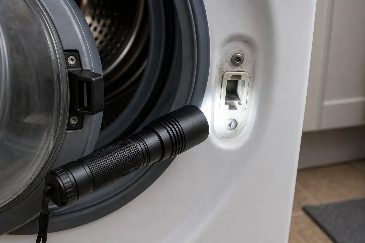 Inspection flashlight aimed into a front load washer latch receiver