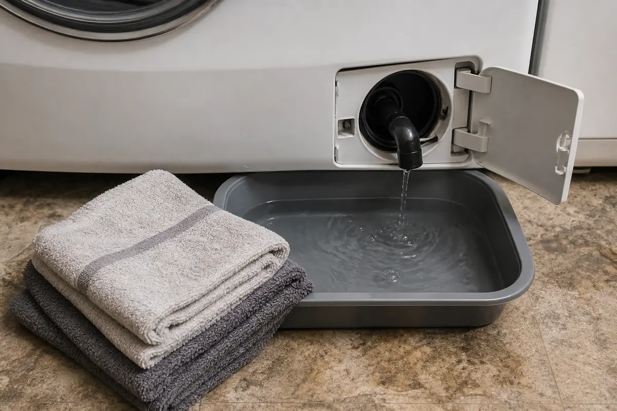 Shallow drain pan and towels below a front load washer pump filter access