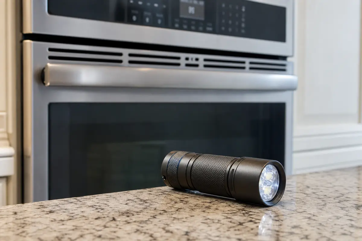 Inspection flashlight staged beside a GE Profile oven vent check