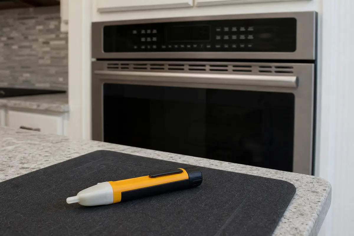 Non-contact voltage tester for a power-off GE Profile oven safety check