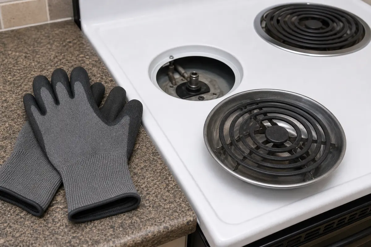 Work gloves shown in the repair area for ge profile stove burner not heating