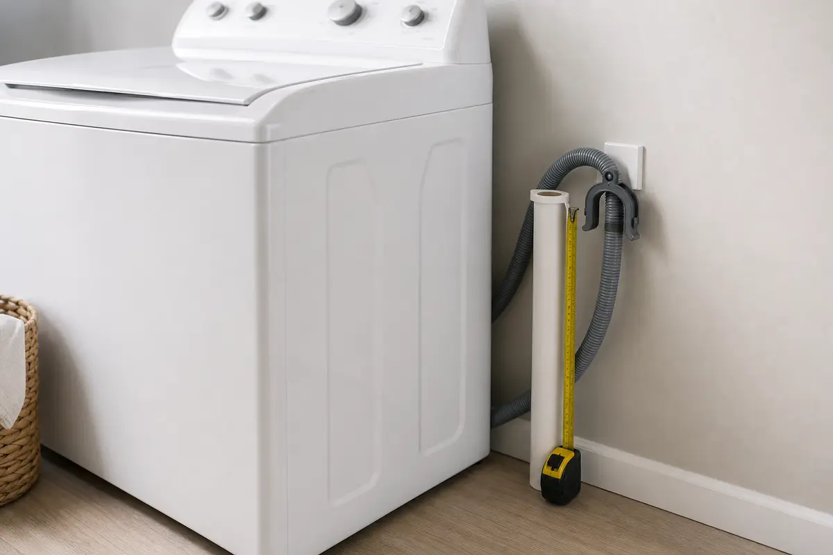 Compact tape measure positioned vertically beside washer standpipe and drain hose