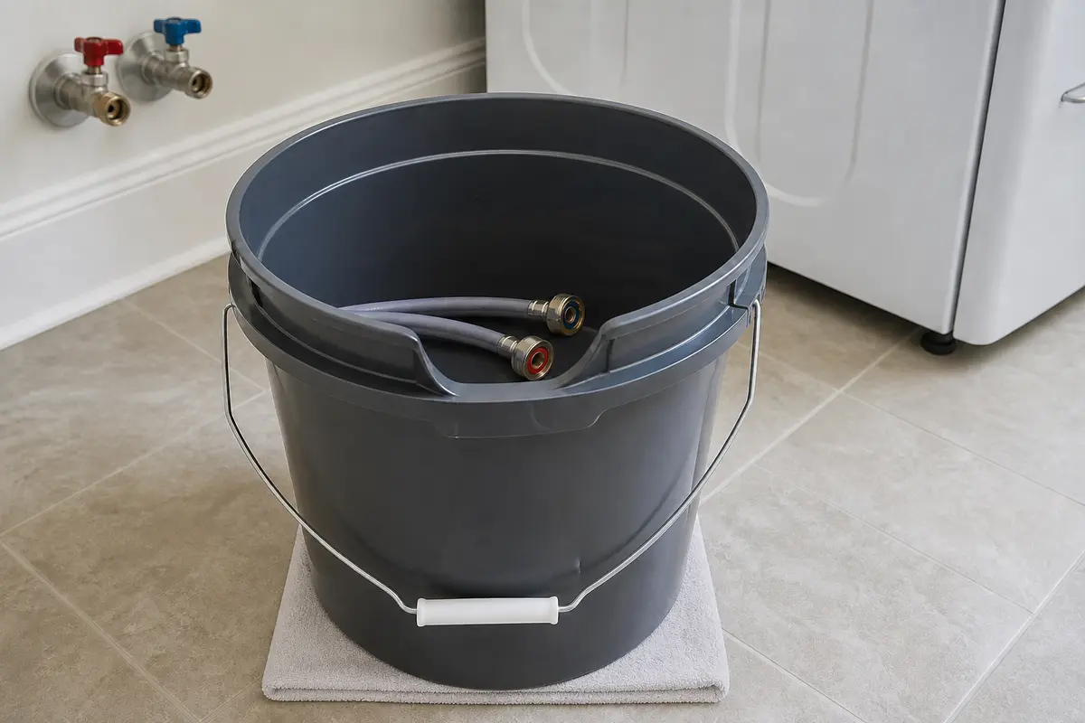Deep utility bucket holding two disconnected washer fill-hose ends over an absorbent towel