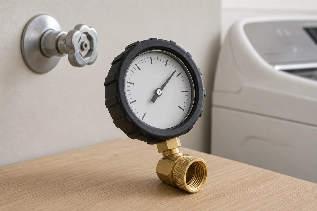 Analog water-pressure gauge with a standard female hose-thread coupling beside a laundry valve