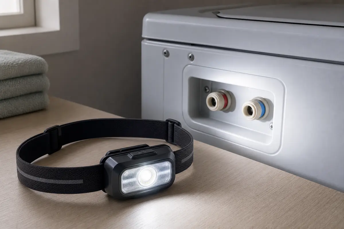 Rechargeable LED headlamp illuminating the hot and cold inlet ports behind a washer